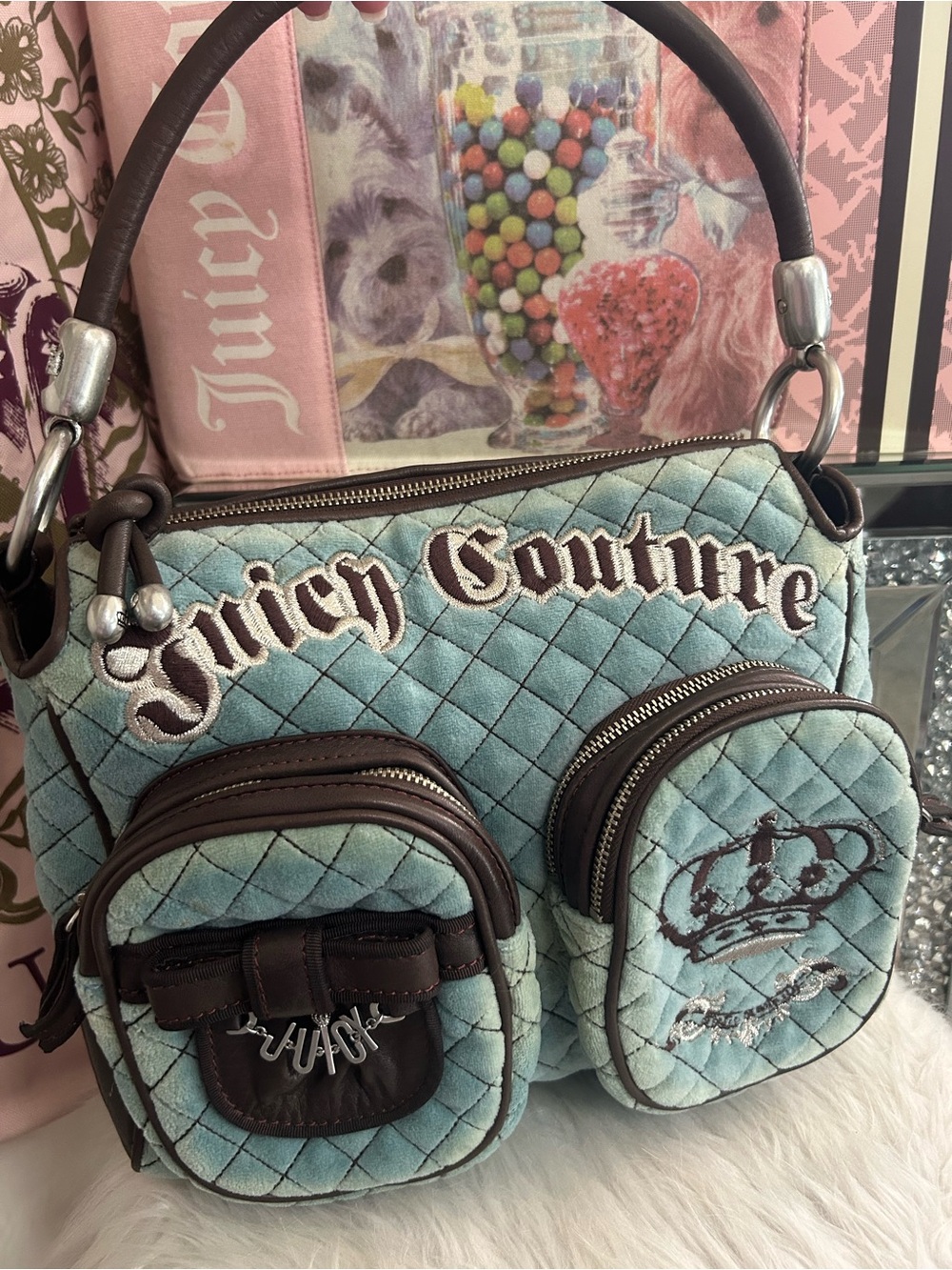 Y2K Vintage Juicy Couture Blue Quilted Velour Brown Leather Shoulder Bag Rare